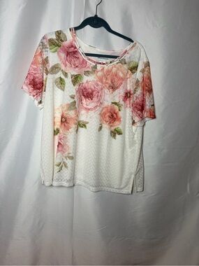 Alfred Dunner White Short-Sleeve Top with Pink Rose Print